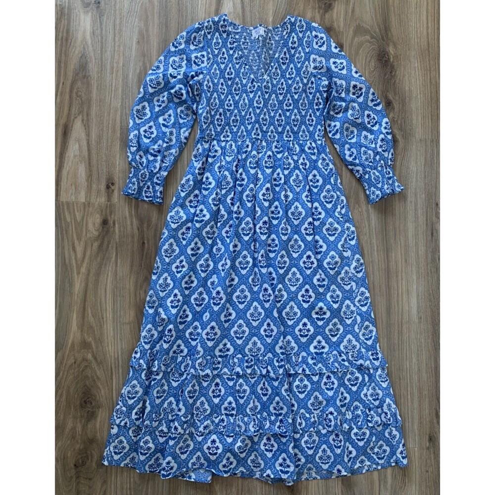 Pink City Prints Isabel Midi Long Dress Blue Floral Ocean Trellis Size S